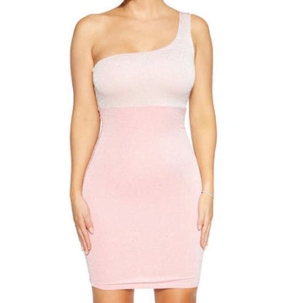 naked wardrobe Pink Sparkly One Shoulder Mini Dress Size XS